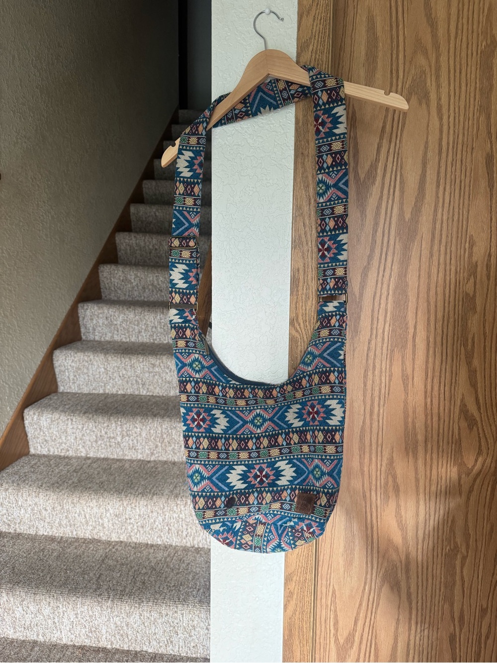 Boho Aztec Pattern Crossbody Bag in Blue and Cream - Picture 4 of 9